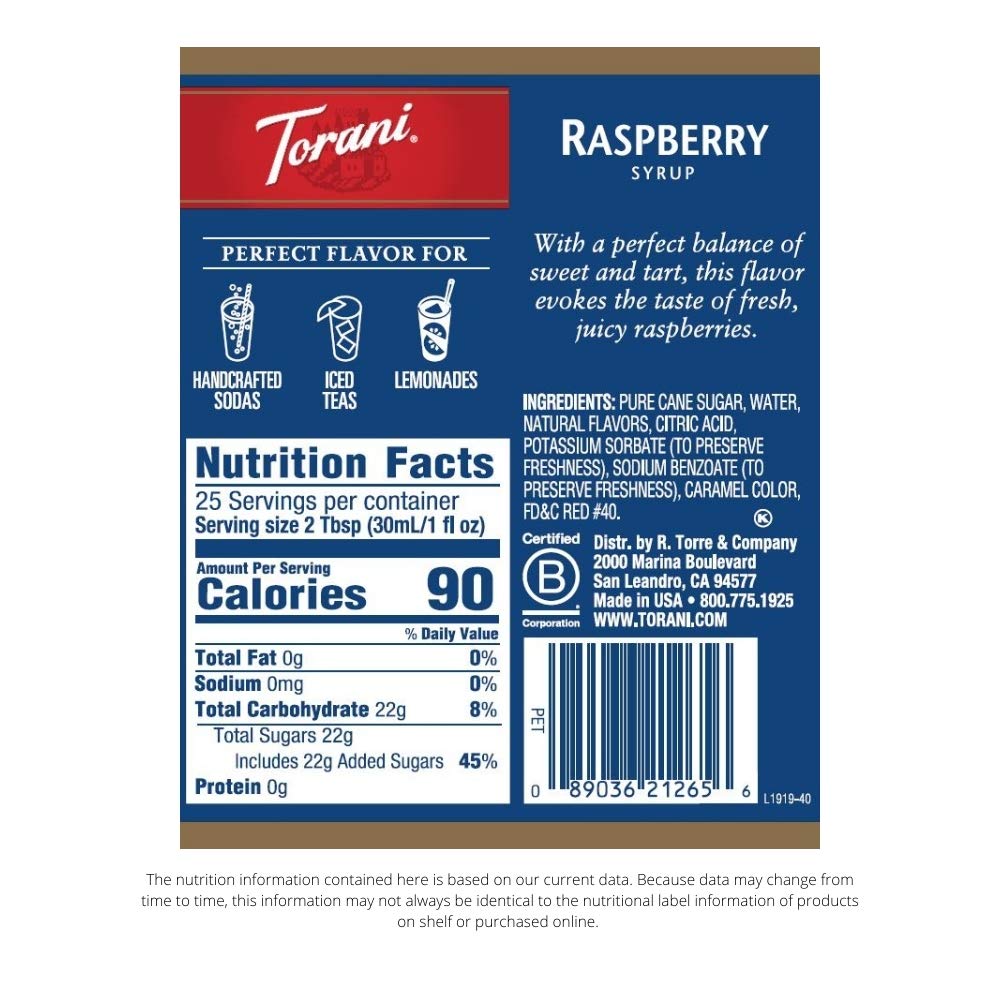Torani raspberry bottle label detail showing brand and flavor for trusted recipe consistency