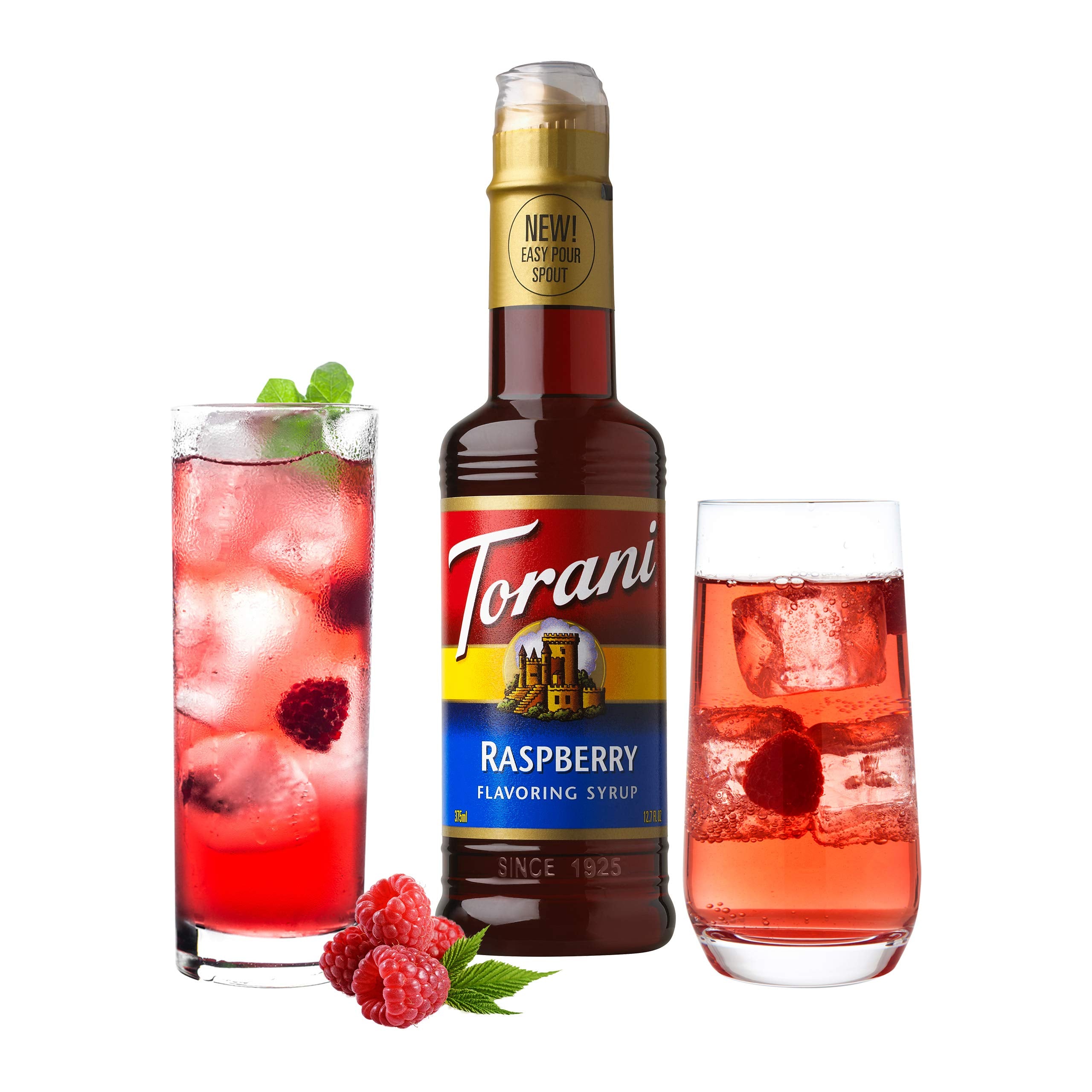 Torani bottle mid-pour over glass demonstrating controlled dispensing and convenience