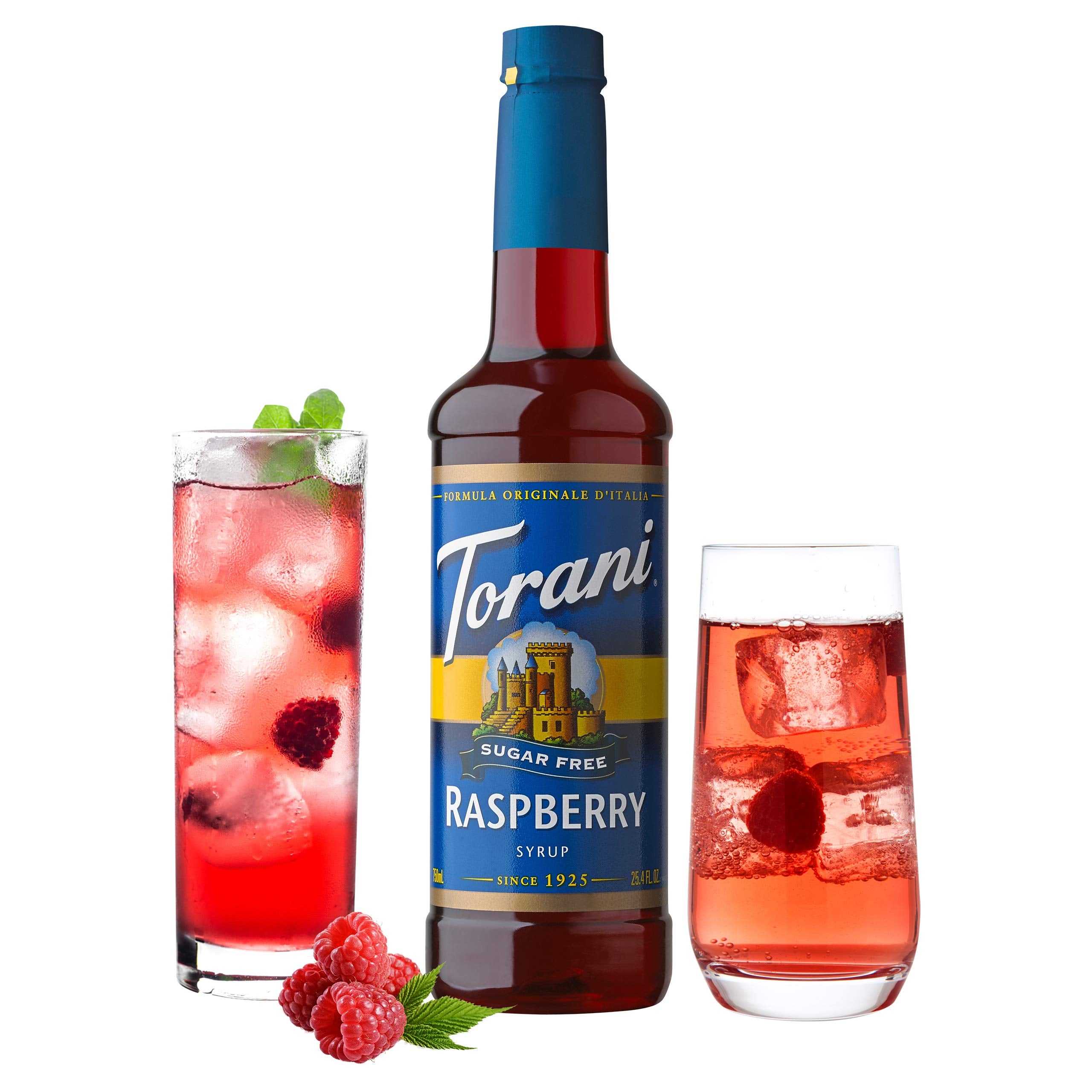 Close-up syrup pour highlighting color and Torani bold raspberry flavor