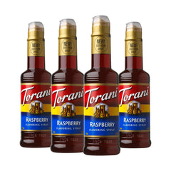 Torani bottle front label showing raspberry flavor and size for easy identification