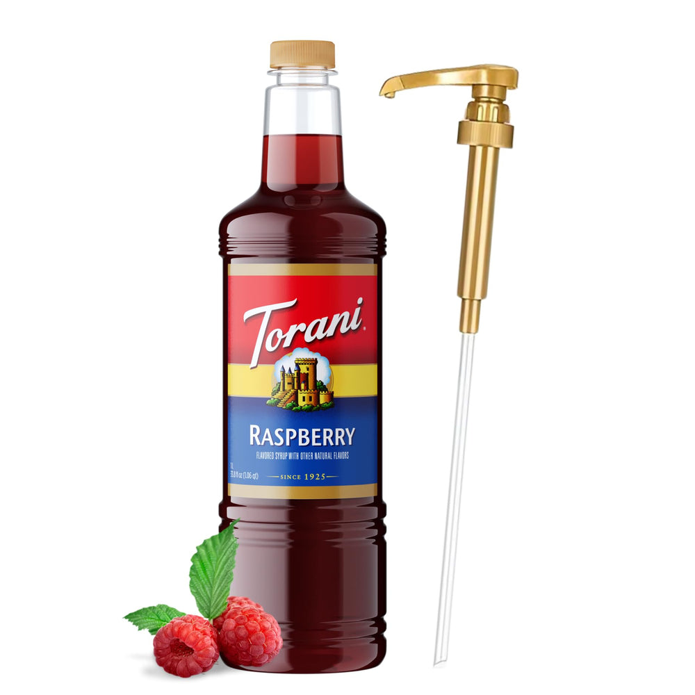 Torani bottle front packaging showing raspberry flavor and 1L size benefit