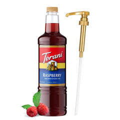 Torani bottle front packaging showing raspberry flavor and 1L size benefit