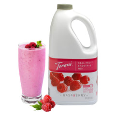 Torani raspberry mix pouring from bottle into glass showing easy use benefit