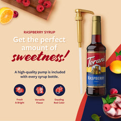 Torani syrup pouring into a glass showcasing smooth mixability and vibrant color