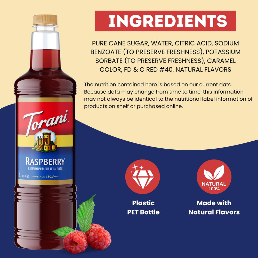 Torani bottle beside cup showing 1L scale and value benefit