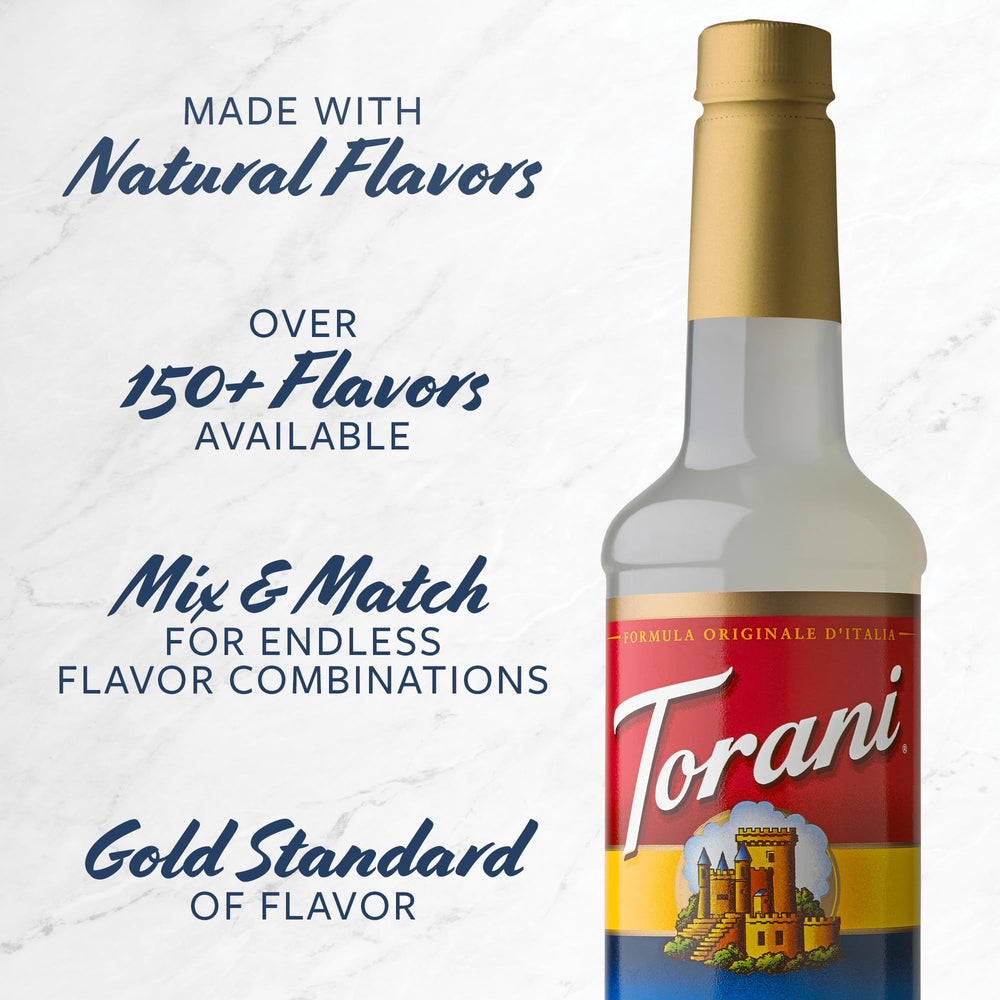 Torani raspberry size and scale with bottle beside a glass showing 25.4 fl oz serving convenience