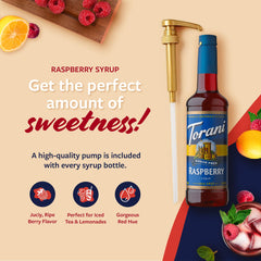 Torani raspberry syrup pouring over ice adding bright flavor to a chilled drink