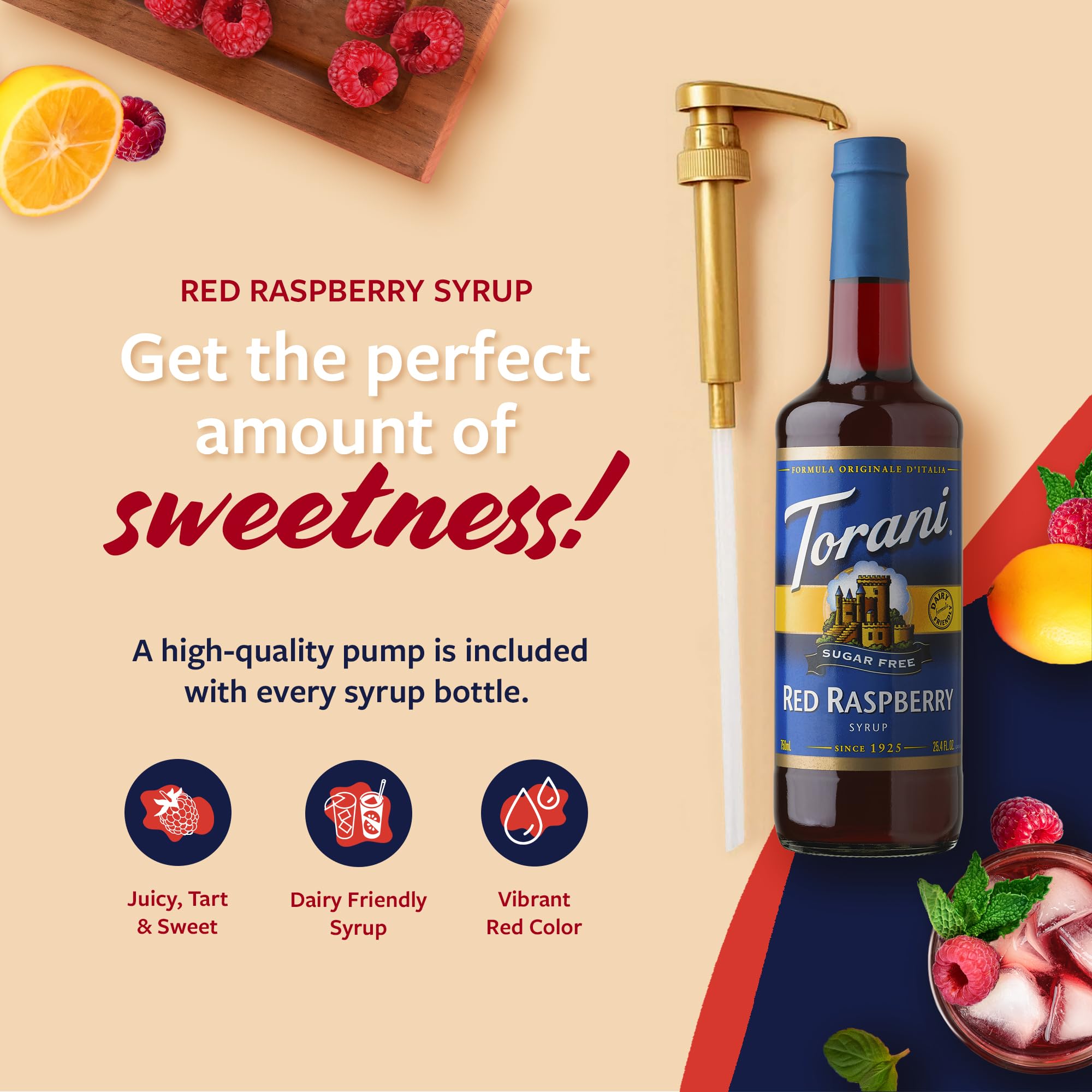 Torani sugar free red raspberry syrup close-up highlighting smooth texture and vibrant color