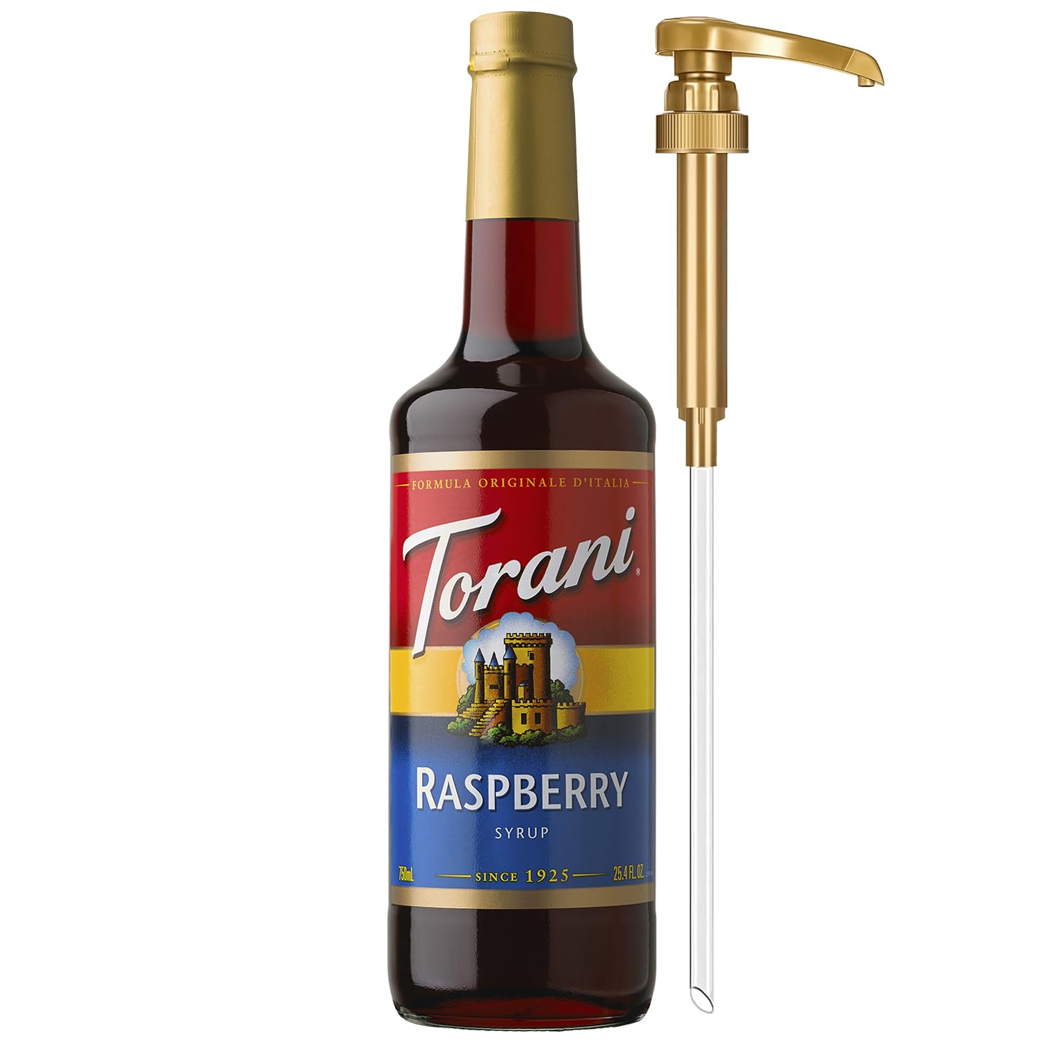 Torani red raspberry bottle front packaging showing label and pump for easy pouring