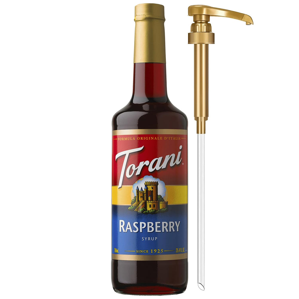 Torani red raspberry bottle front packaging showing label and pump for easy pouring