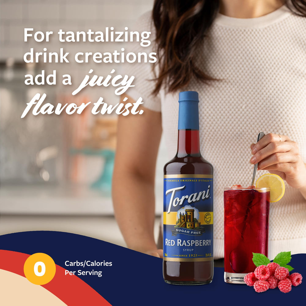 Torani sugar free red raspberry poured into iced tea for bright flavor without sugar