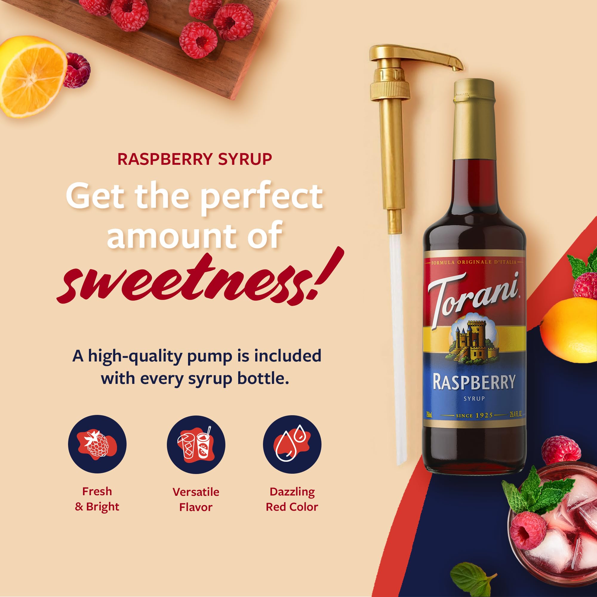 Torani red raspberry syrup being poured into iced drink highlighting mixability