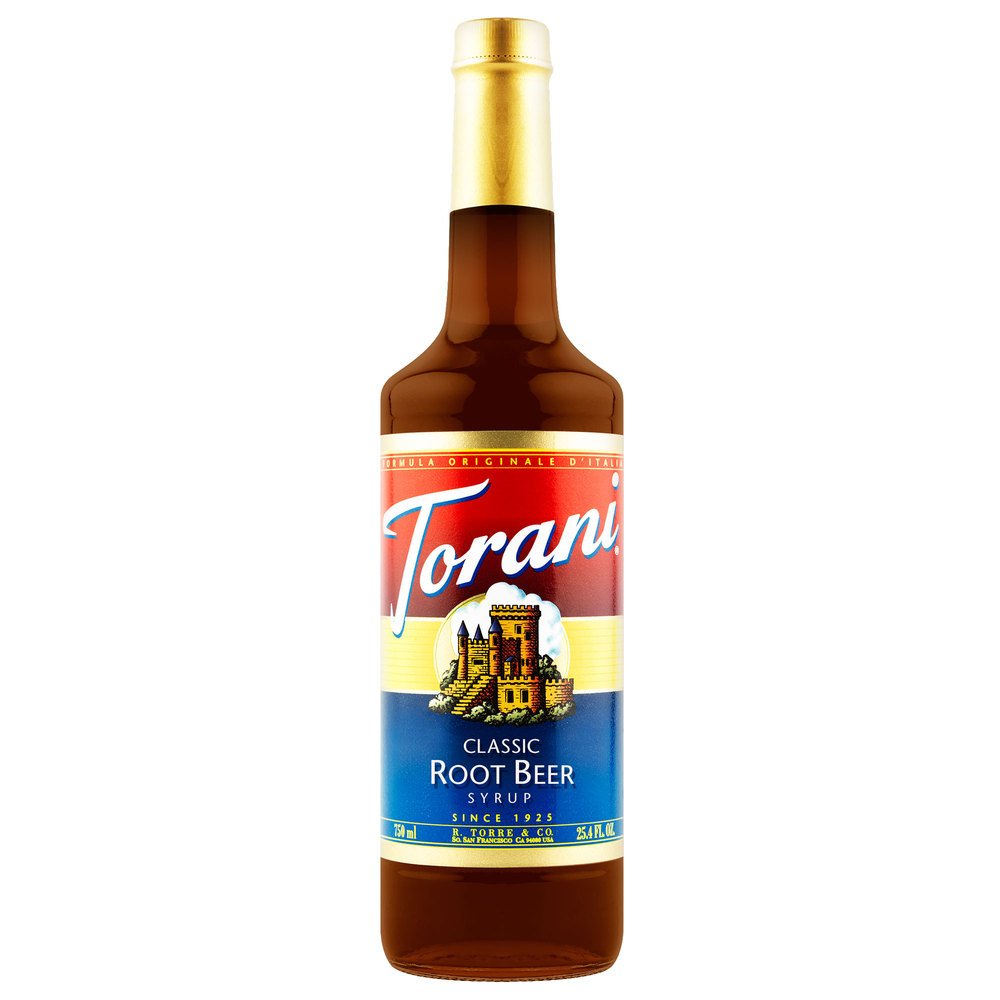 Torani root beer bottle front view showing label and 750 ml size for reliable flavor