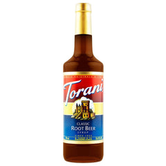 Torani root beer bottle front view showing label and 750 ml size for reliable flavor