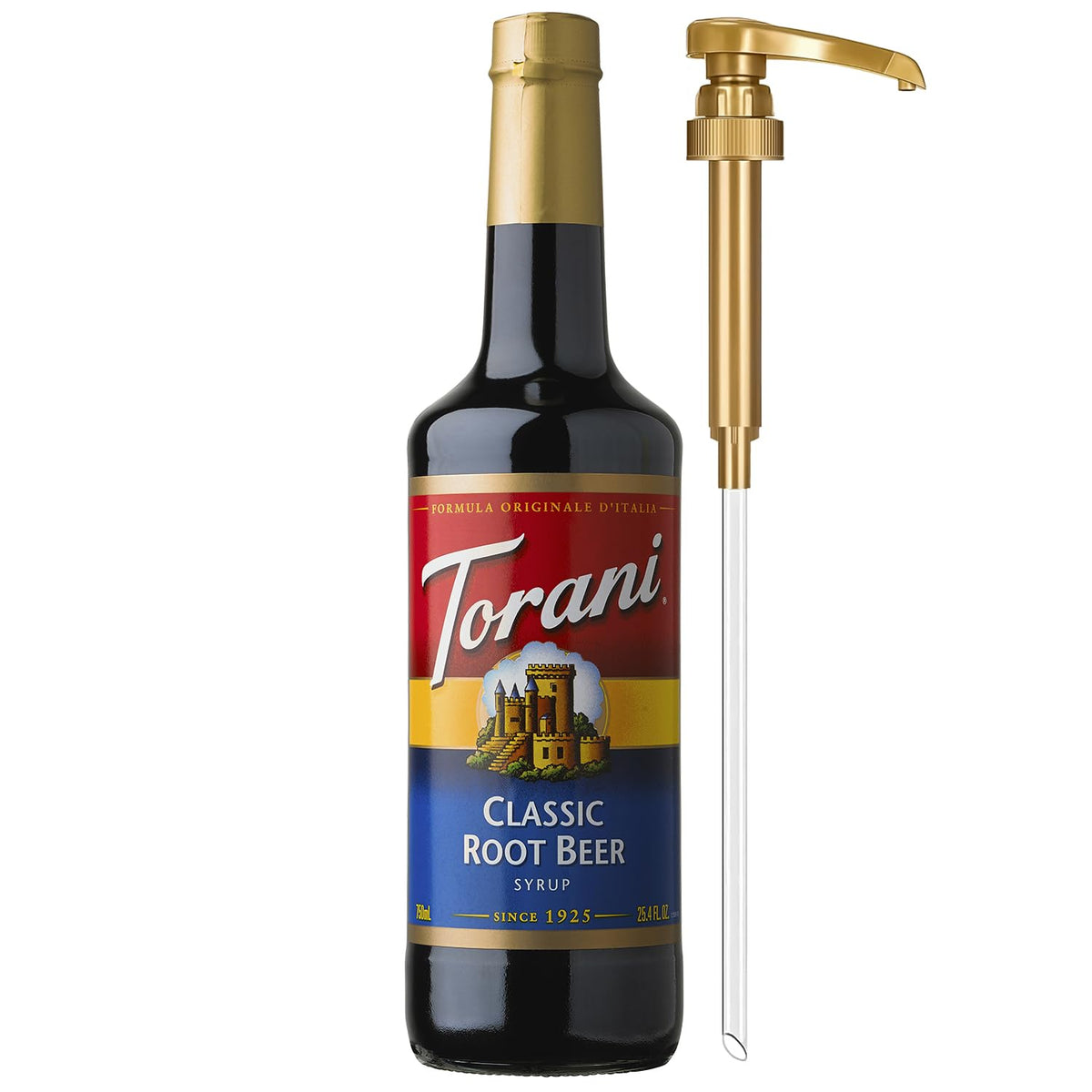 Torani root beer glass bottle front showing label and pump for easy portioning