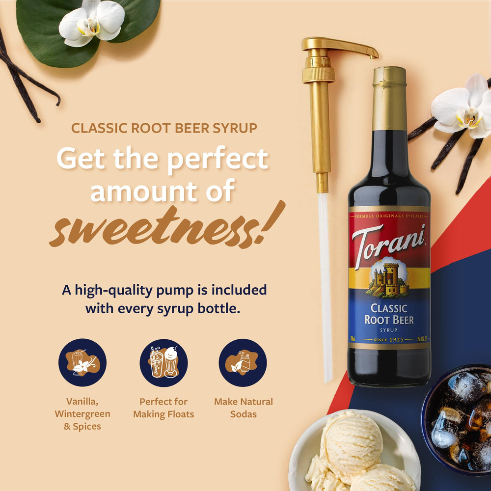 Close-up of Torani root beer syrup pouring to show texture and rich color as benefit