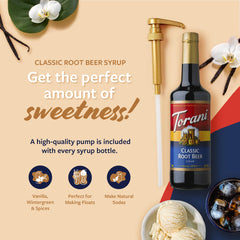 Close-up of Torani root beer syrup pouring to show texture and rich color as benefit