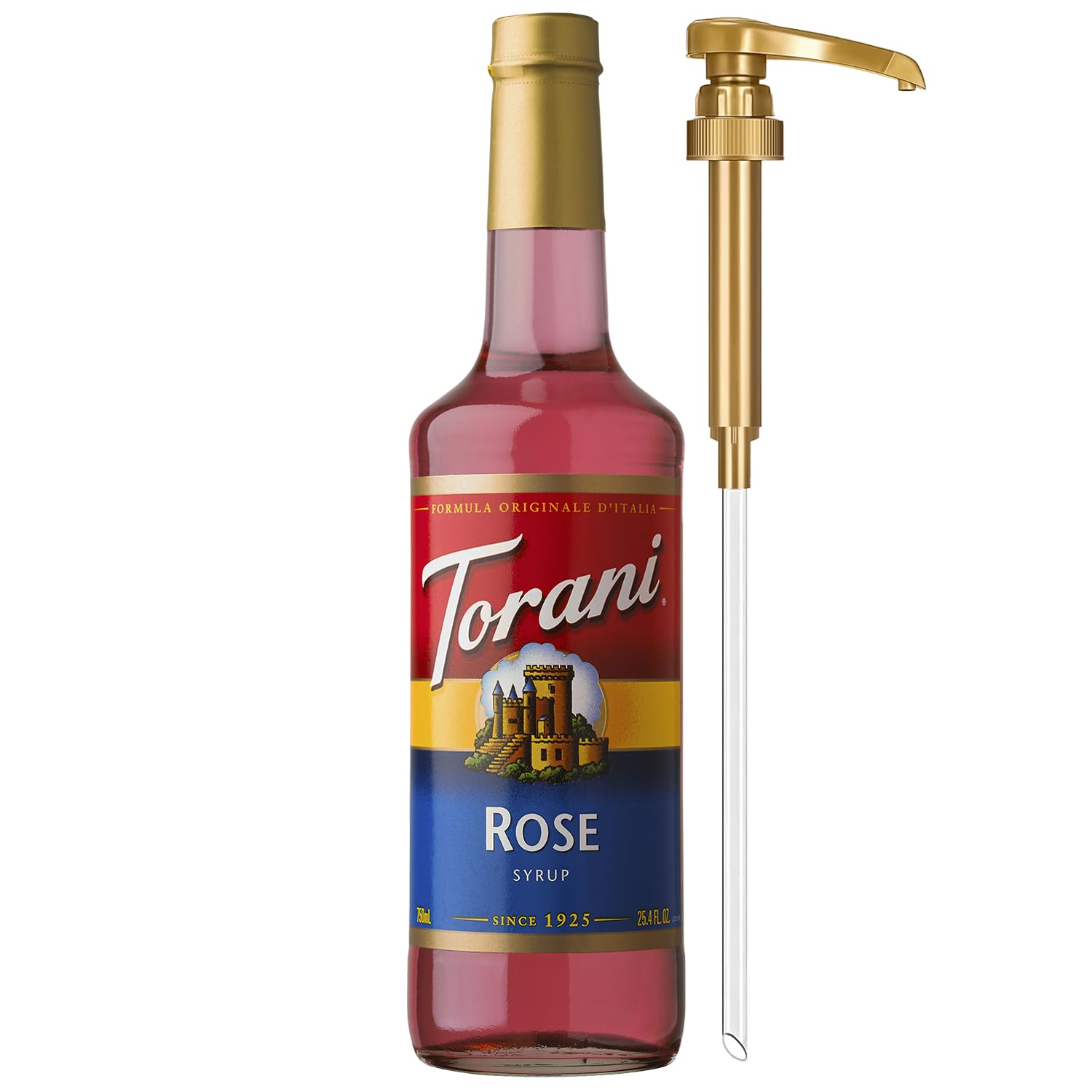 Torani rose syrup front bottle showing label and elegant glass packaging benefit: clear presentation