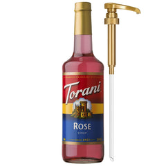 Torani rose syrup front bottle showing label and elegant glass packaging benefit: clear presentation