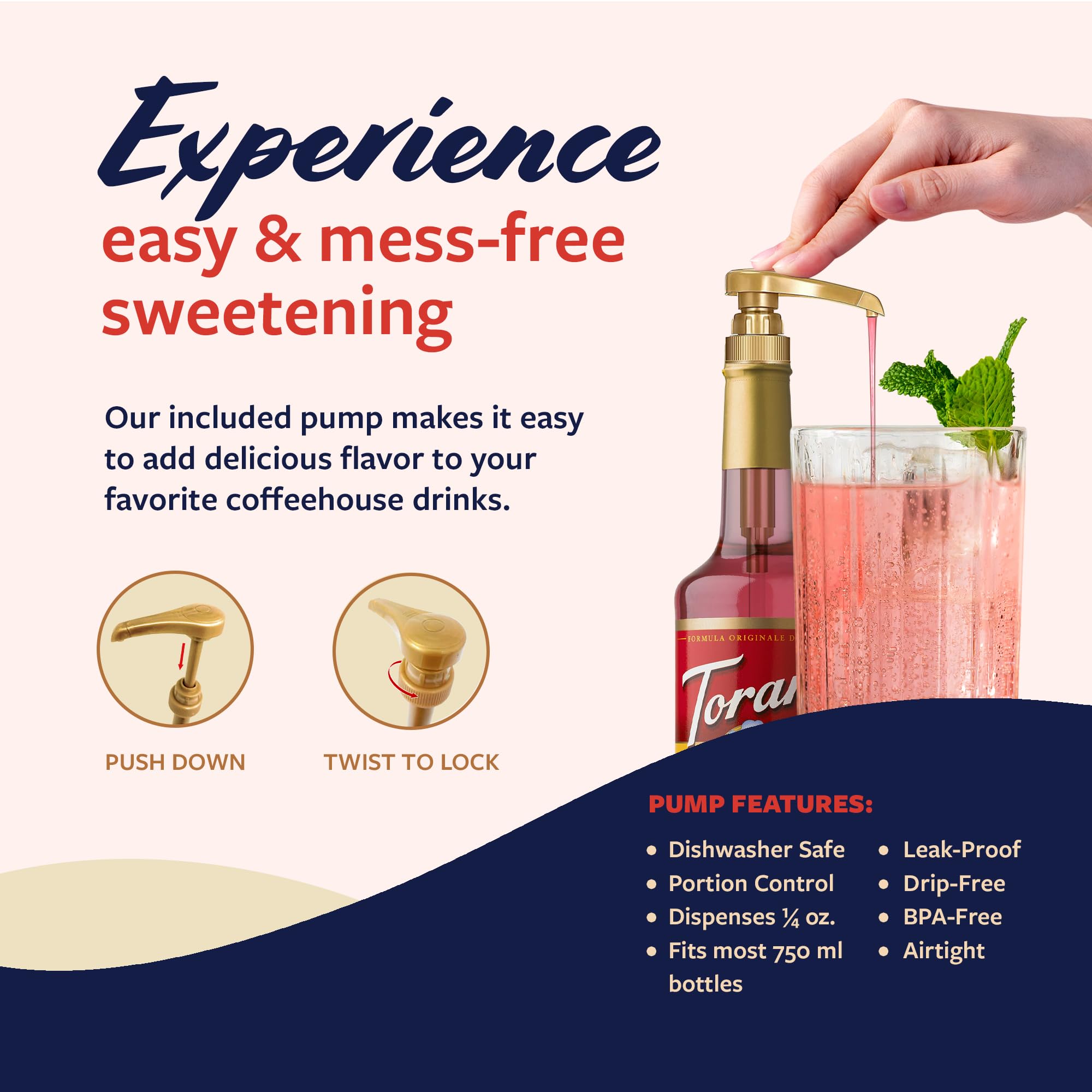 Torani rose syrup labeled neck and cap showcasing brand and volume benefit: easy identification
