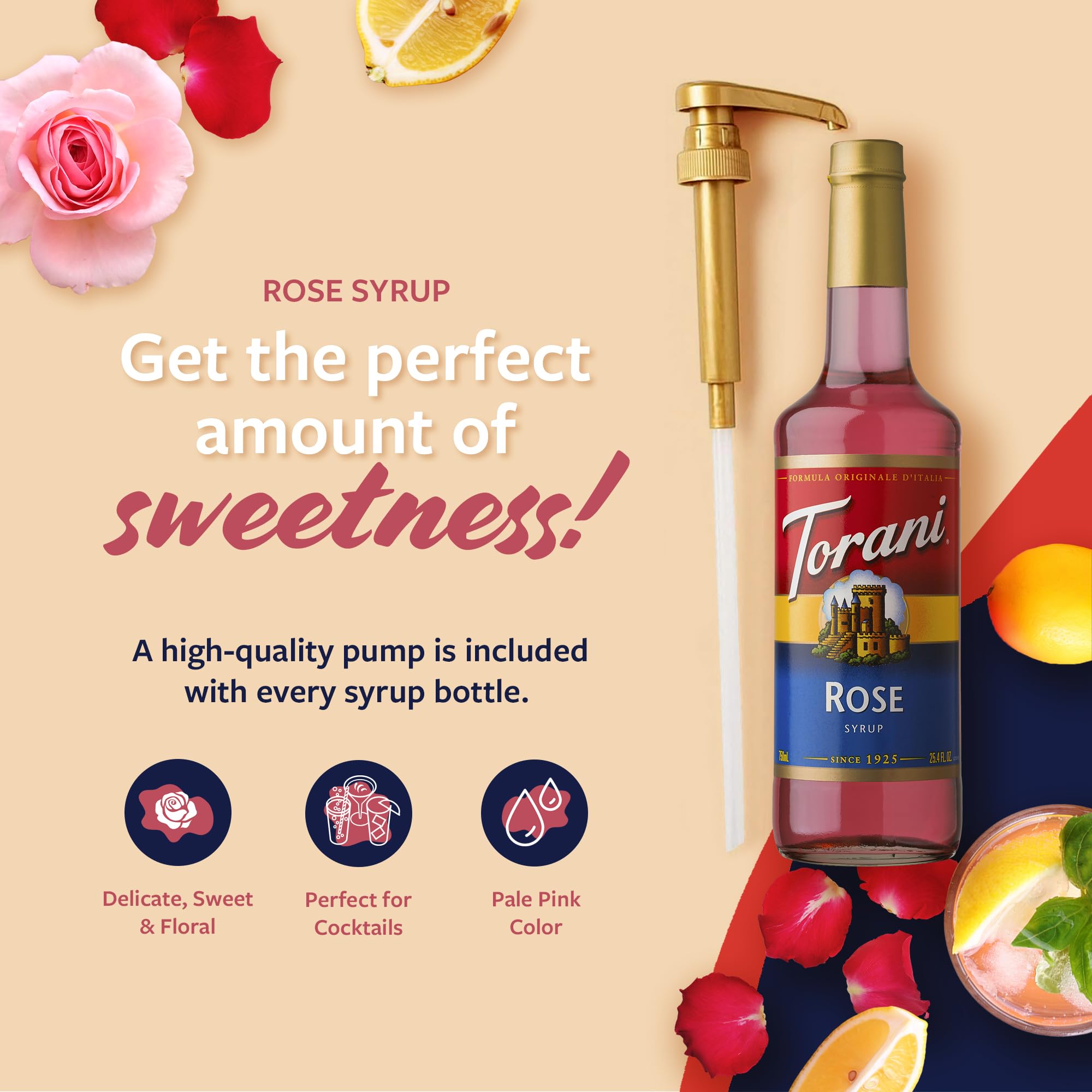 Torani rose syrup poured into a chilled glass enhancing lemonades and cocktails benefit: floral lift