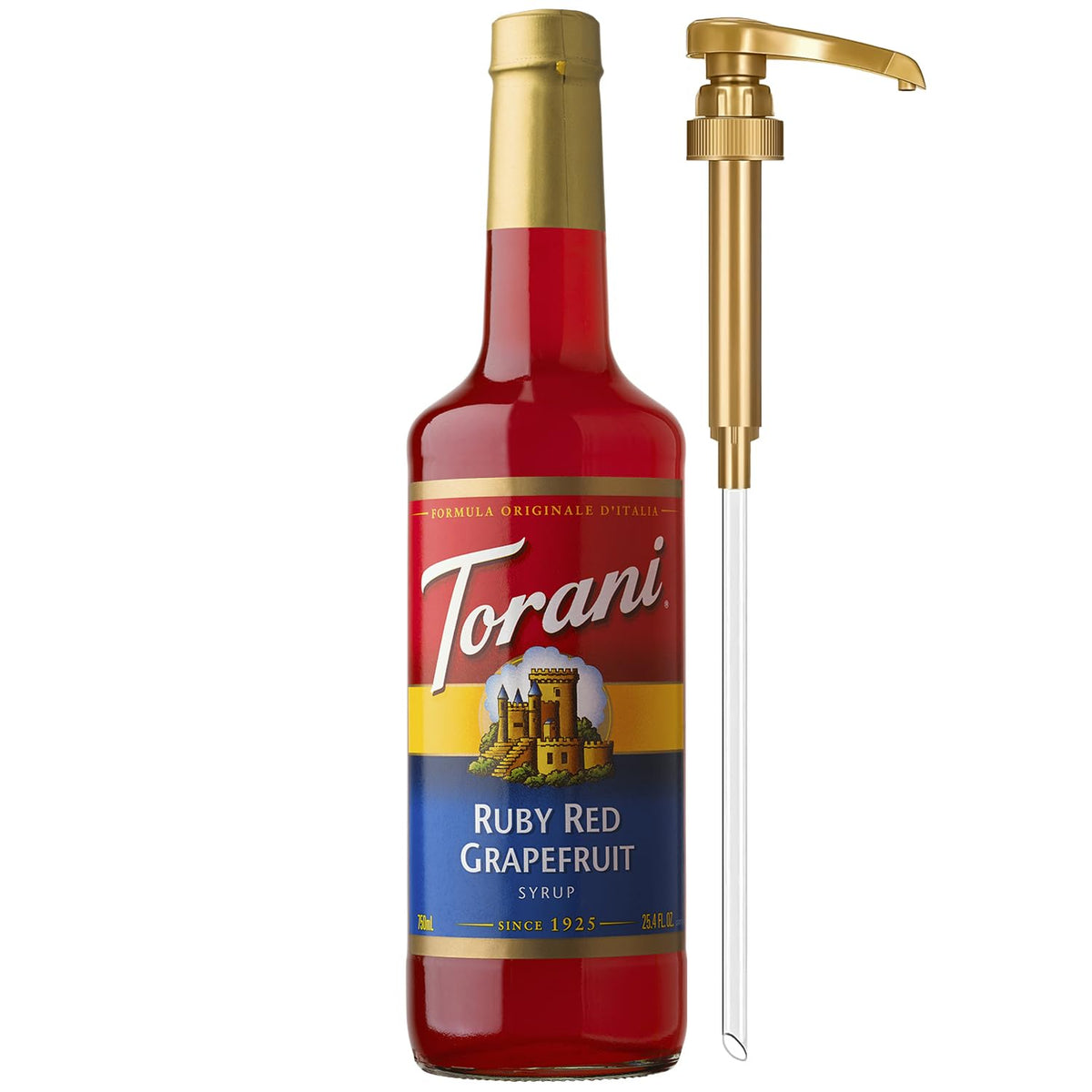 Torani bottle front view showing ruby red grapefruit flavor and easy pouring