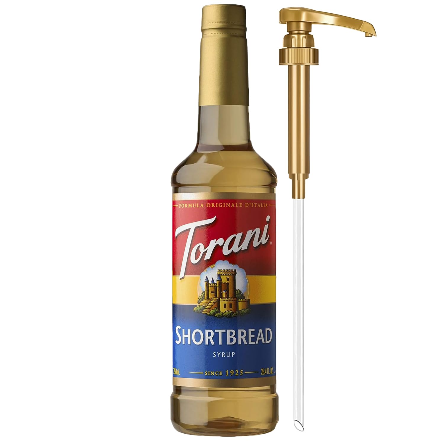 Torani bottle front label showing shortbread flavor and size, clear benefit of recognizable branding