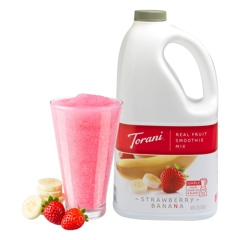 Torani pouring smoothie mix from bottle into blender for quick preparation