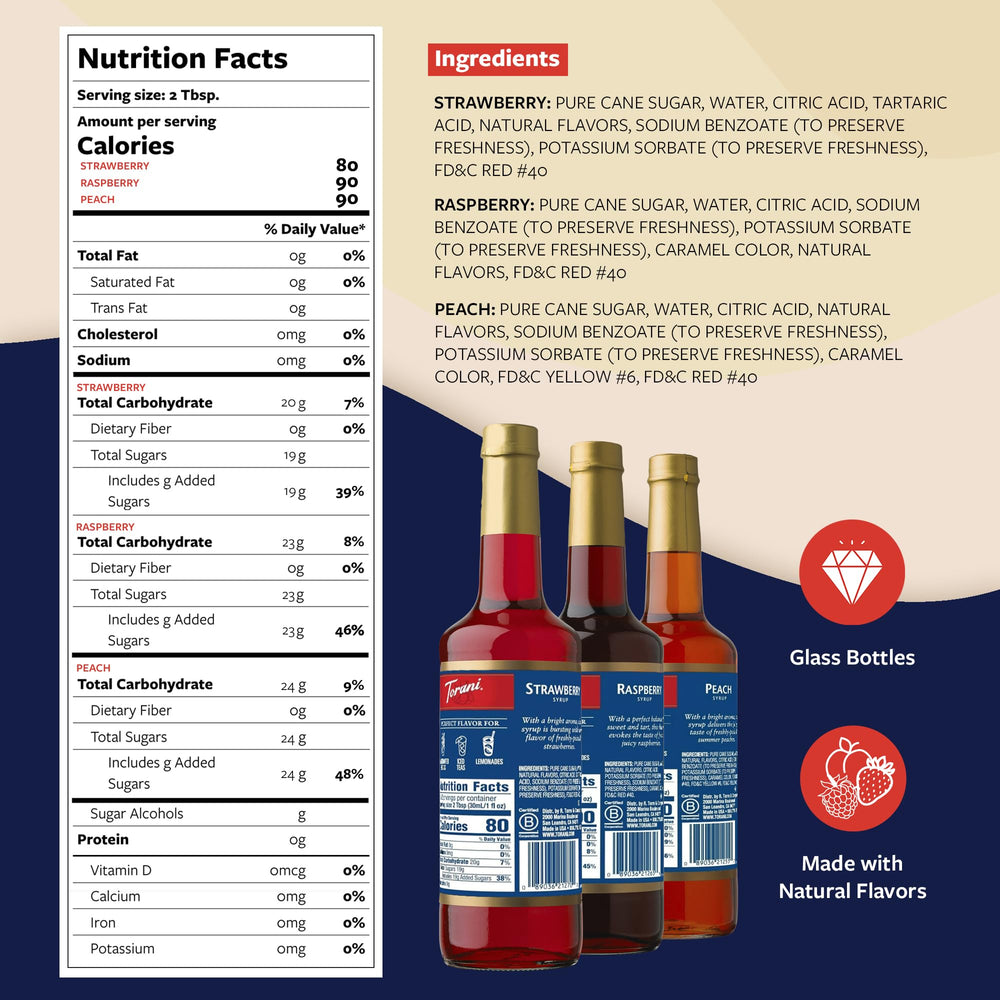 Torani strawberry bottle close-up highlighting label and natural flavor appeal