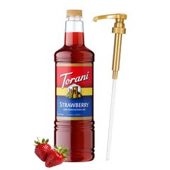 Torani bottle front packaging showing clear strawberry color and brand benefits