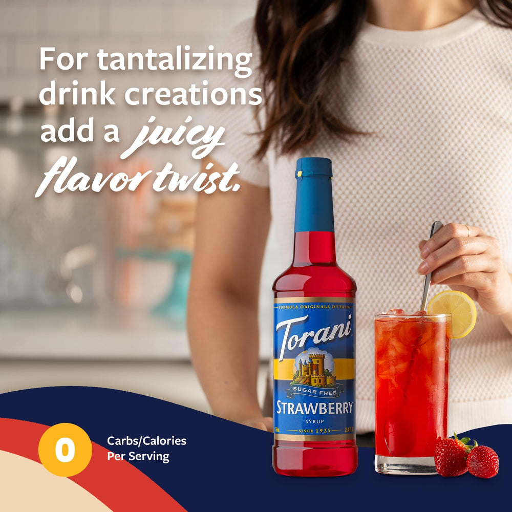 Torani used in iced latte showing bright strawberry flavor and vibrant color