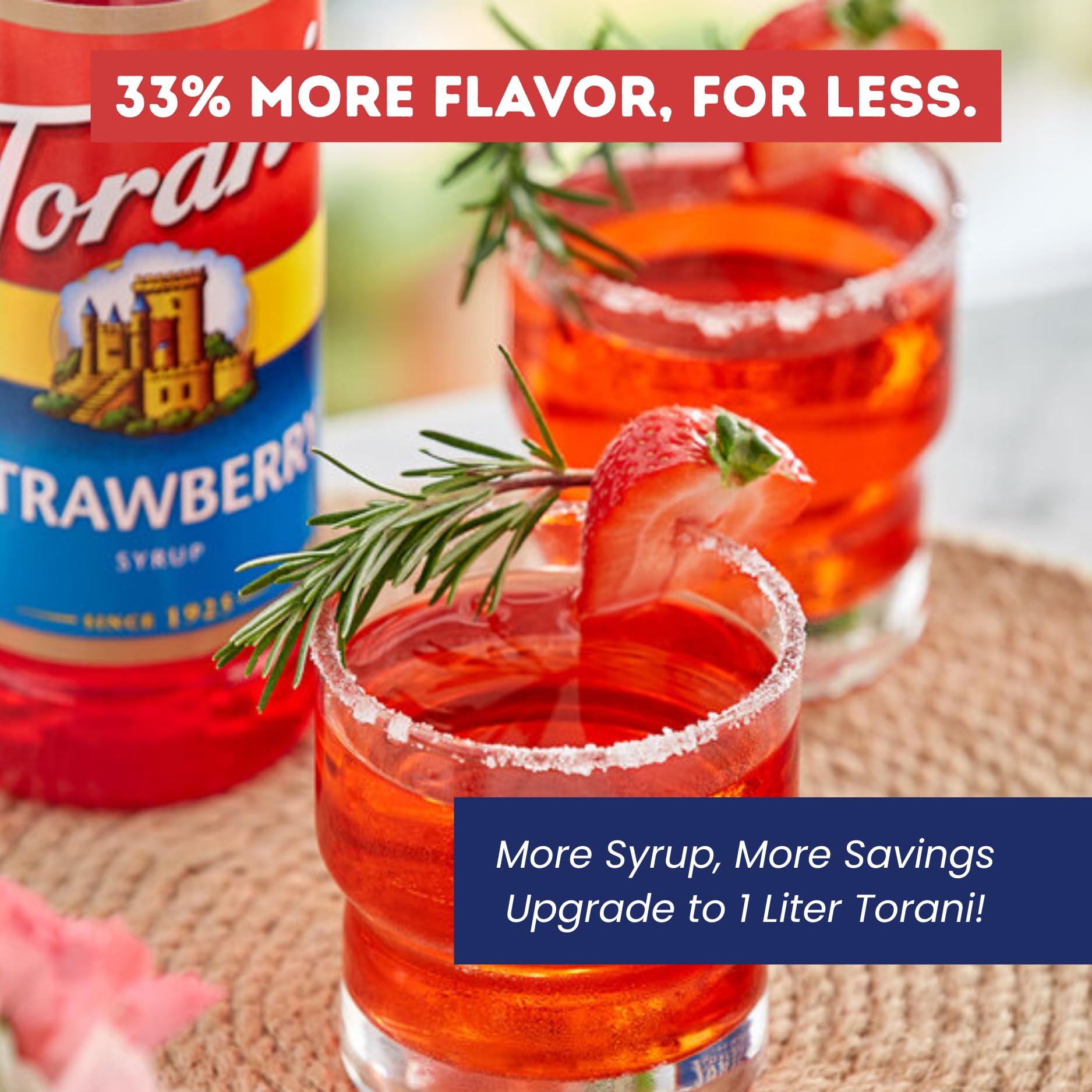 Torani syrup pouring over iced drink adding vibrant strawberry flavor and color