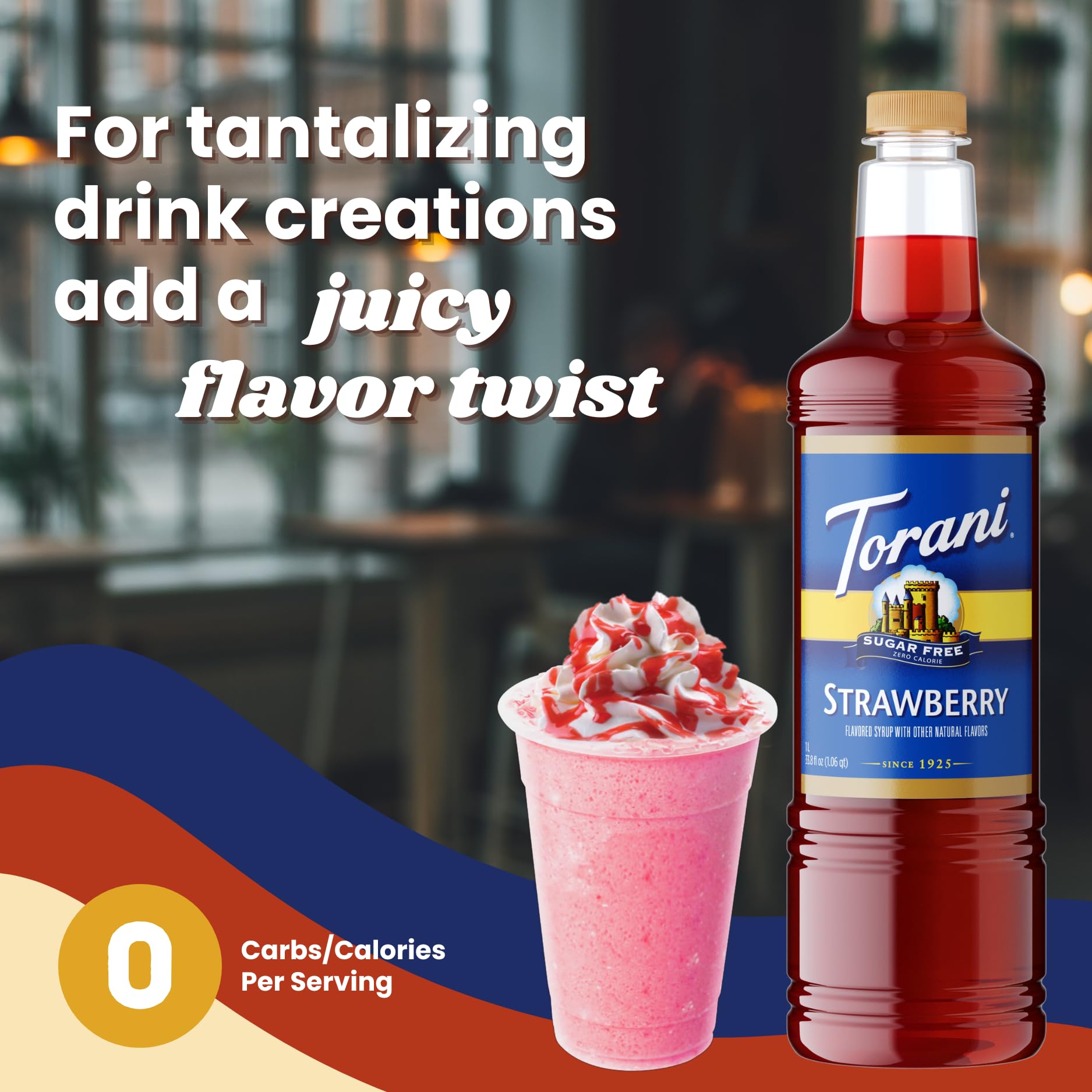 Glass of strawberry soda spritzer made with Torani delivering bright color