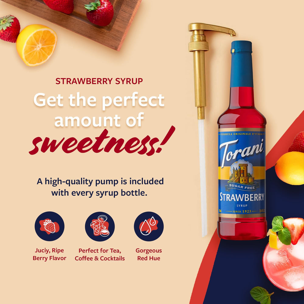 Torani syrup pour action over glass demonstrating smooth strawberry flavor blend