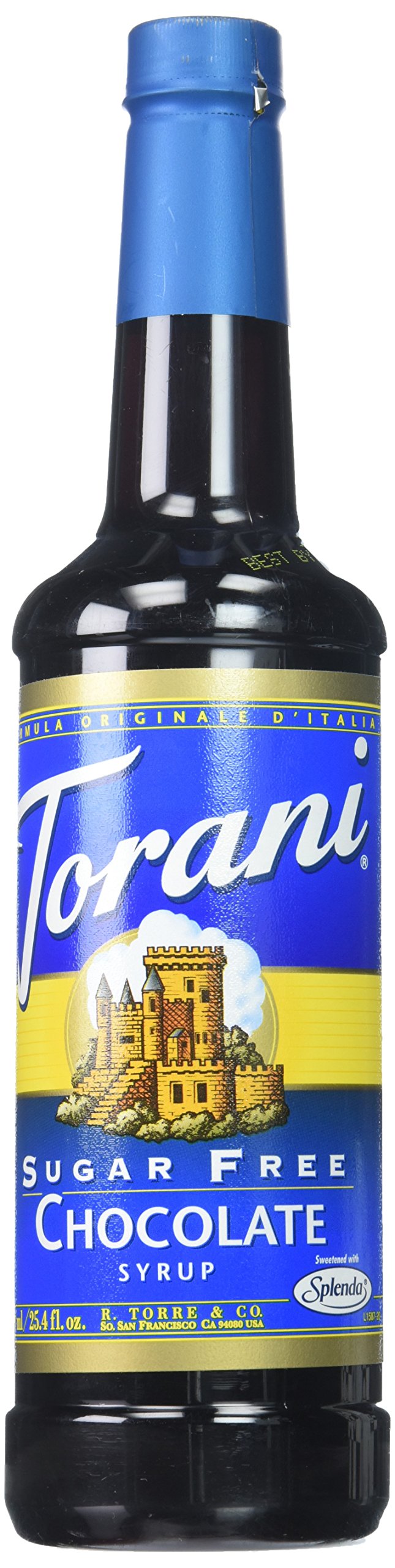 Torani bottle front view showing label and size, highlighting convenience
