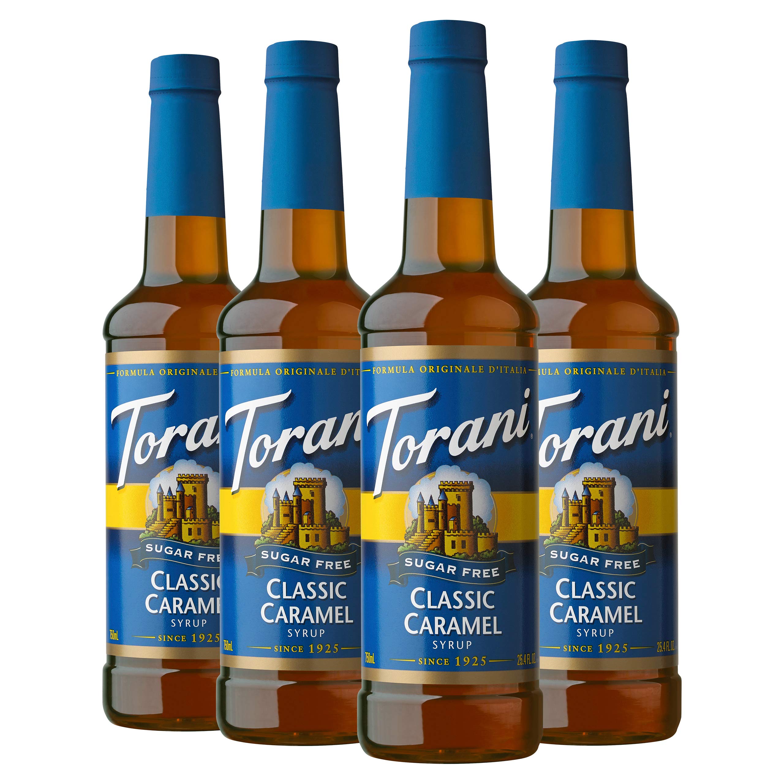 Torani bottle front packaging showing sugar free caramel and benefits