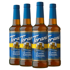 Torani bottle front packaging showing sugar free caramel and benefits