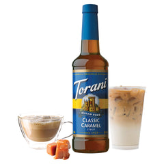 Torani label closeup highlighting natural flavors and zero calories benefit