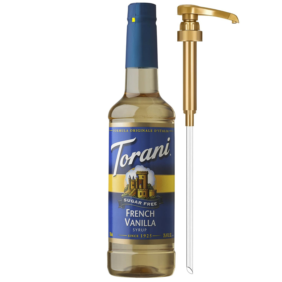 Torani bottle front packaging showing sugar-free French vanilla and pump benefit