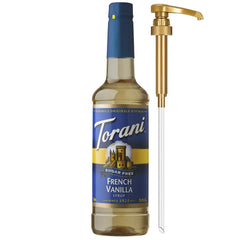 Torani bottle front packaging showing sugar-free French vanilla and pump benefit