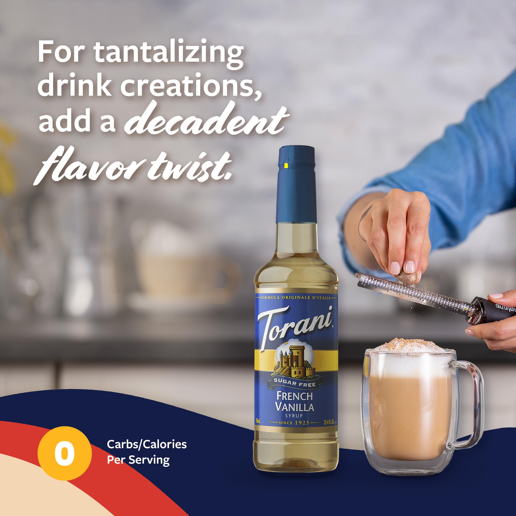 Torani syrup added into coffee cup delivering creamy French vanilla flavor