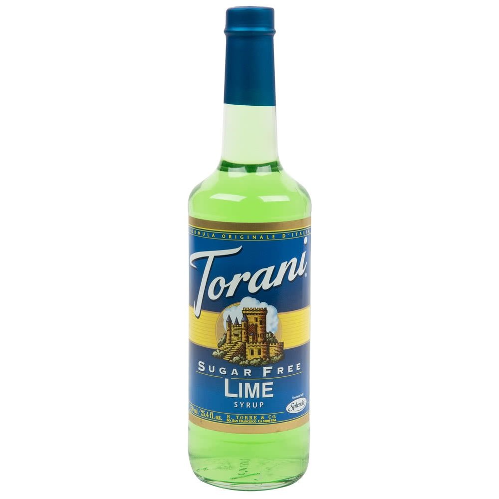 Torani sugar free lime front label showing product name and size, clear benefit for zero calories