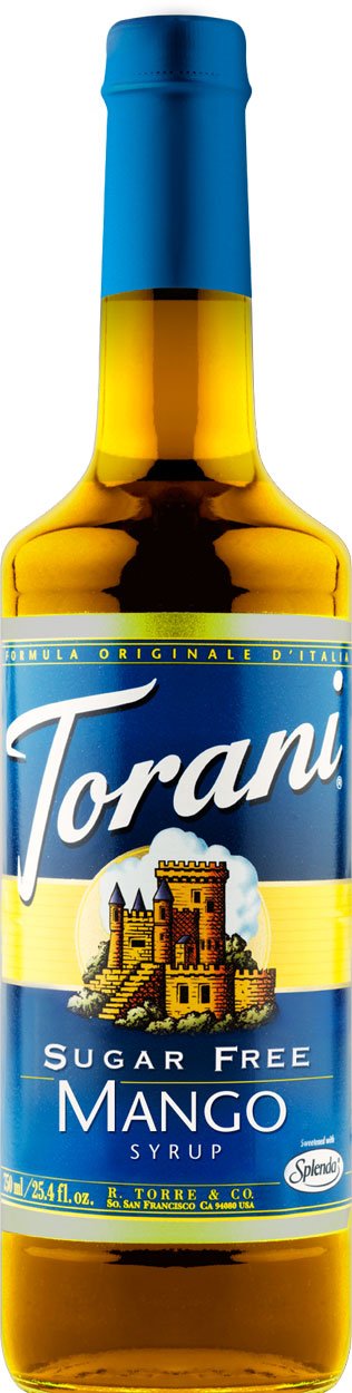 Torani sugar-free mango bottle front view showing vibrant mango flavor and low-calorie choice