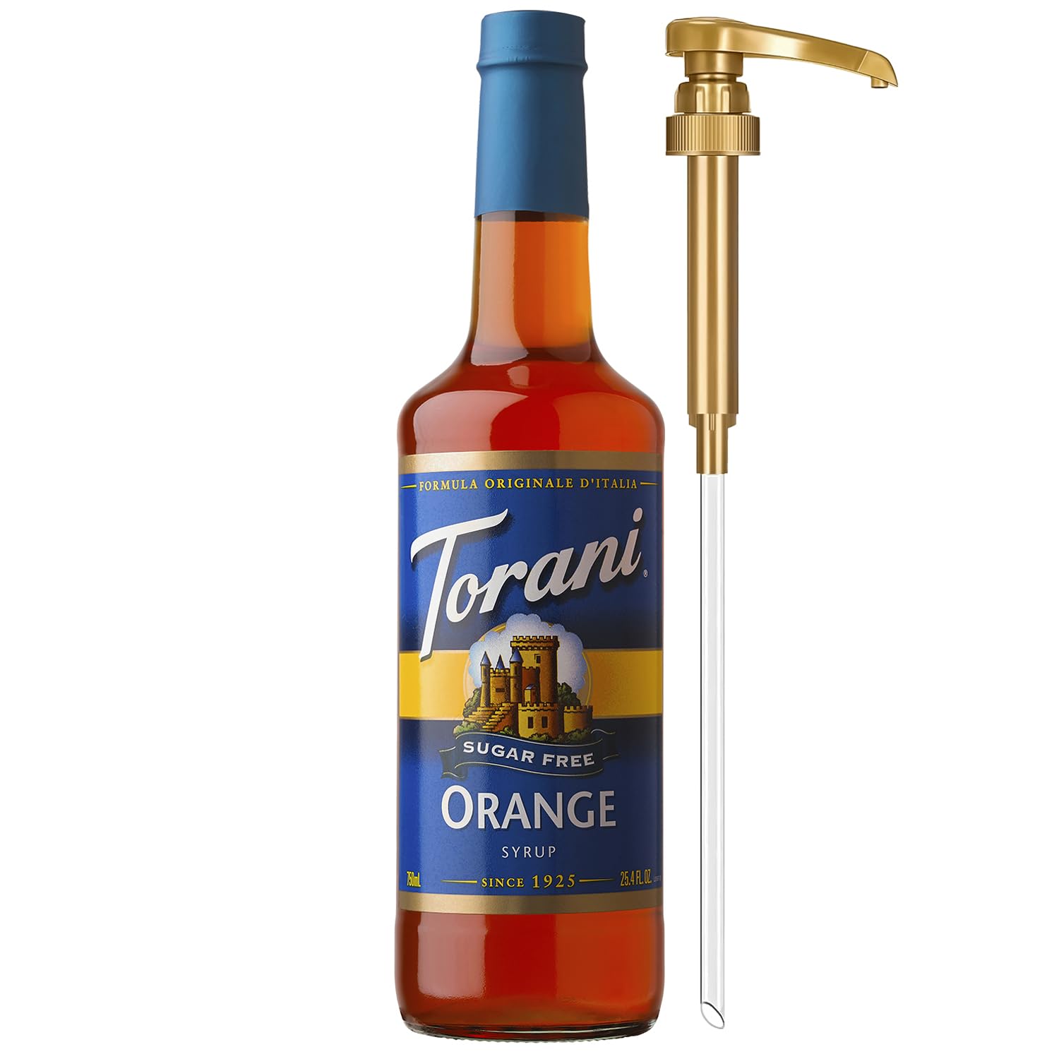 Torani bottle front packaging showing orange syrup and pump, promoting easy pouring