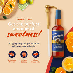 Torani pump dispensing syrup into a glass, enabling consistent measured servings