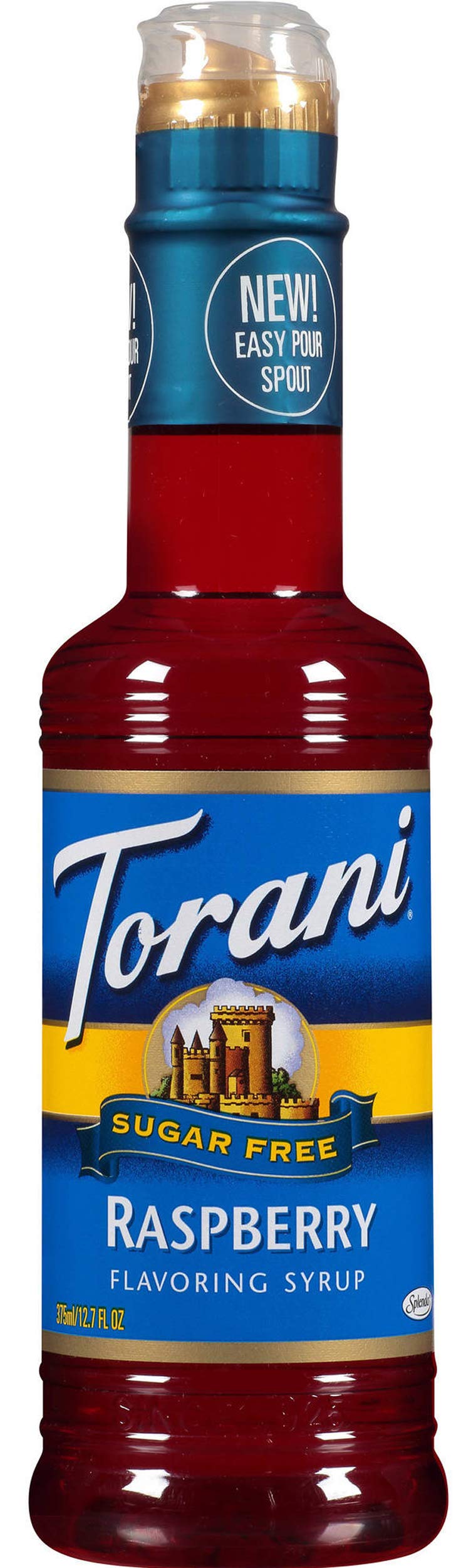 Torani sugar free raspberry bottle front view showing label and pour spout for flavor