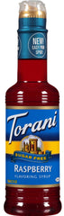 Torani sugar free raspberry bottle front view showing label and pour spout for flavor