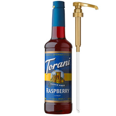 Torani sugar-free raspberry front packaging showing bottle and pump for easy pouring