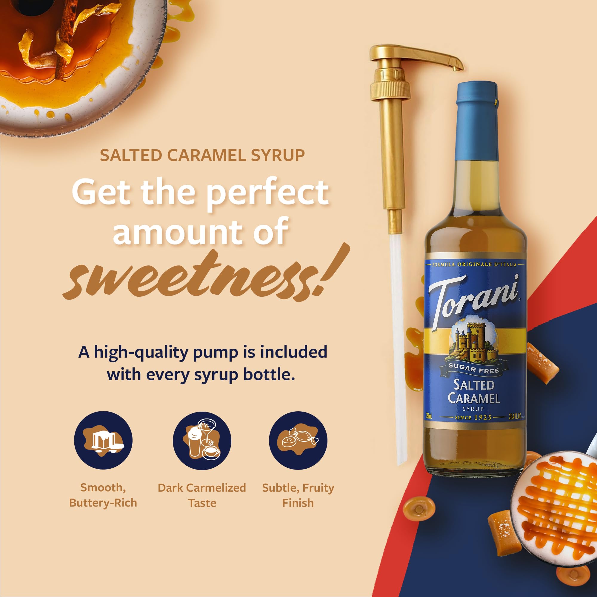 Torani syrup pouring into coffee to add salted caramel flavor quickly