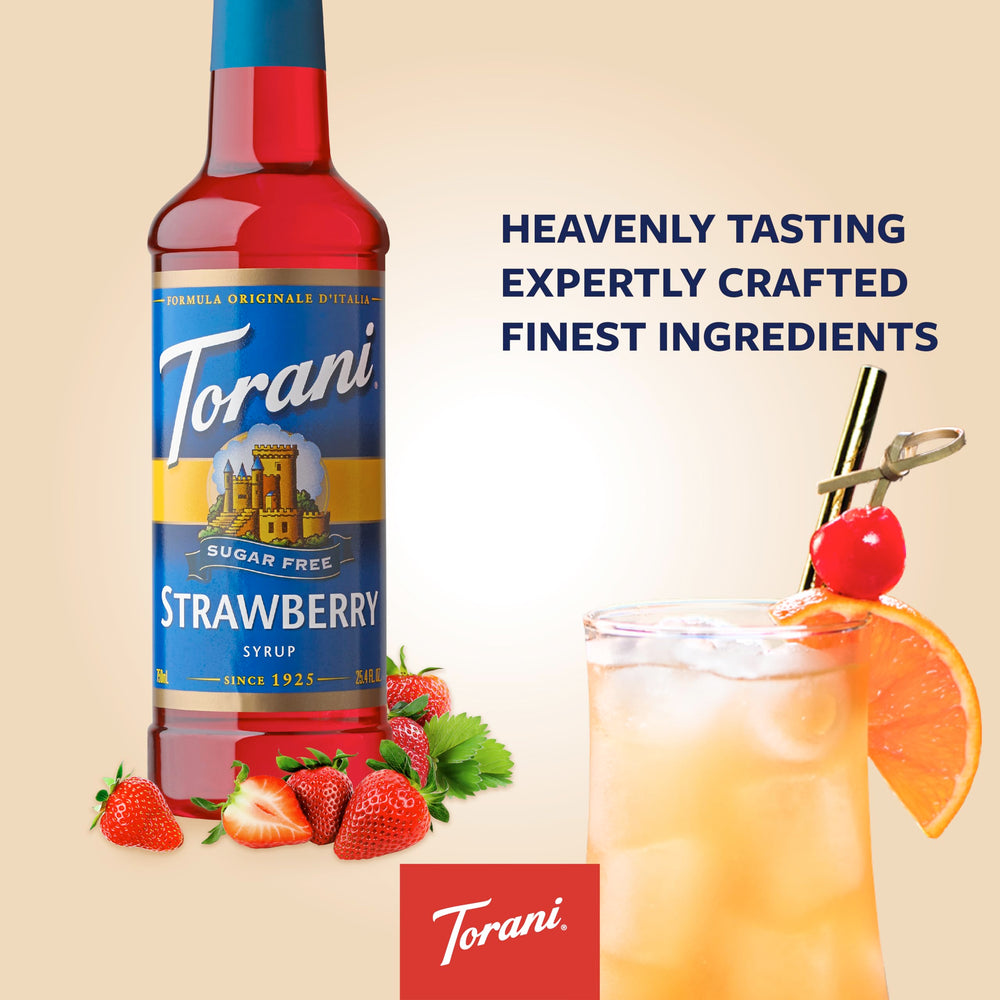 Torani sugar free strawberry bottle label detail highlighting ingredients and zero calorie benefit